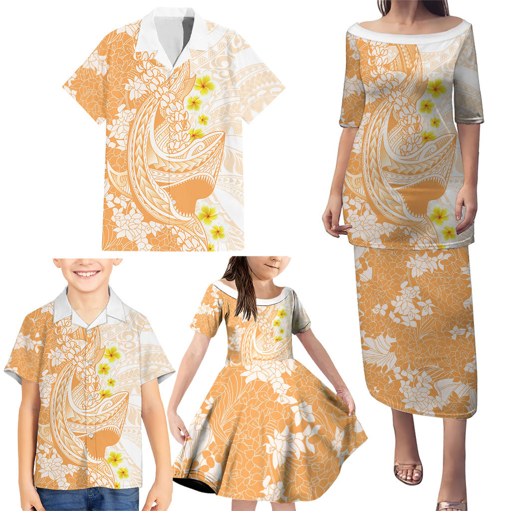 Orange Hawaii Shark Tattoo Family Matching Puletasi and Hawaiian Shirt Puakenikeni Lei Plumeria Polynesian Pattern
