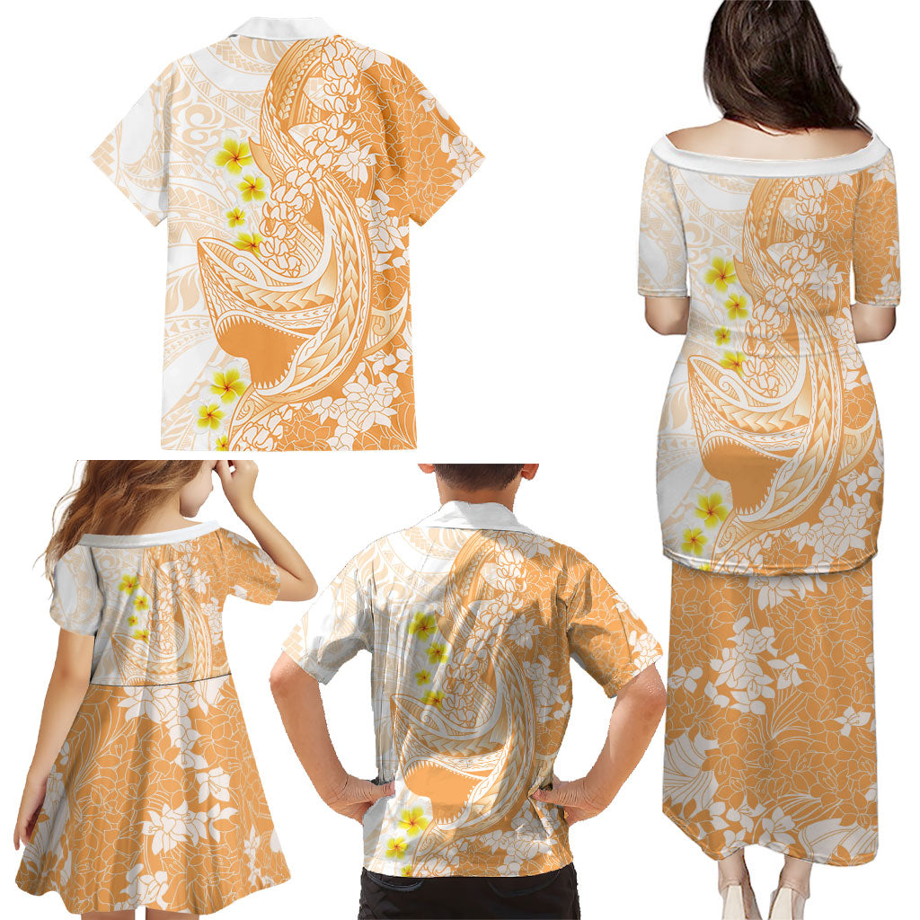 Orange Hawaii Shark Tattoo Family Matching Puletasi and Hawaiian Shirt Puakenikeni Lei Plumeria Polynesian Pattern