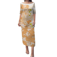 Orange Hawaii Shark Tattoo Family Matching Puletasi and Hawaiian Shirt Puakenikeni Lei Plumeria Polynesian Pattern