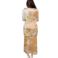 Orange Hawaii Shark Tattoo Family Matching Puletasi and Hawaiian Shirt Puakenikeni Lei Plumeria Polynesian Pattern