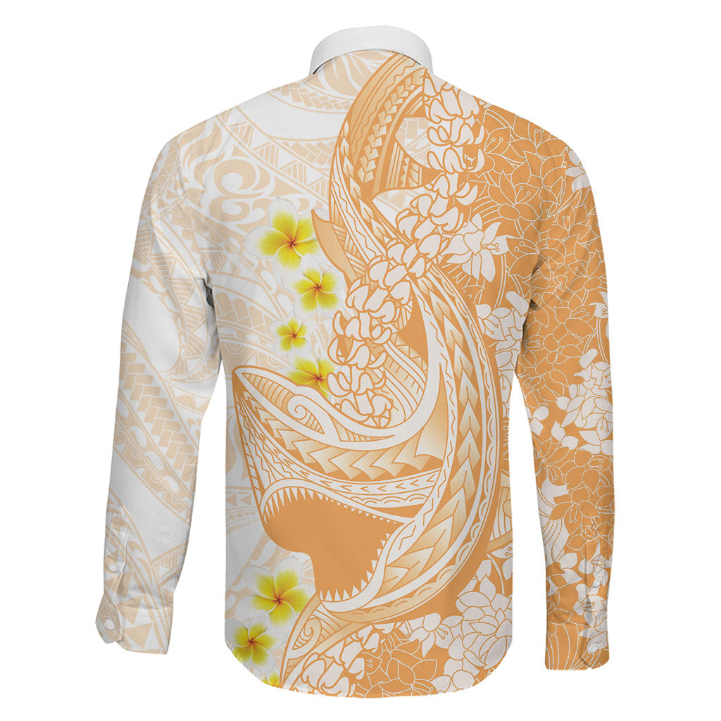 Orange Hawaii Shark Tattoo Family Matching Short Sleeve Bodycon Dress and Hawaiian Shirt Puakenikeni Lei Plumeria Polynesian Pattern
