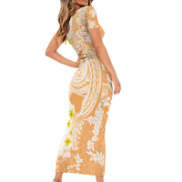 Orange Hawaii Shark Tattoo Family Matching Short Sleeve Bodycon Dress and Hawaiian Shirt Puakenikeni Lei Plumeria Polynesian Pattern