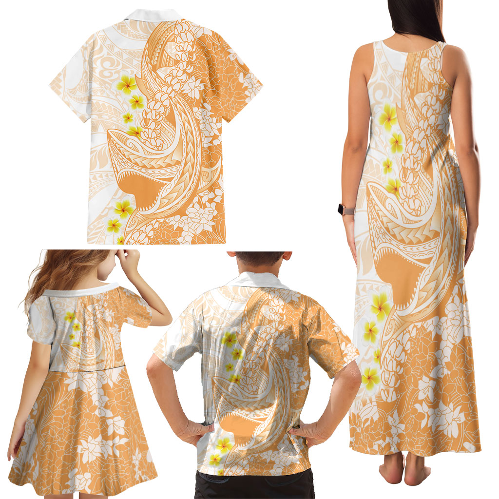 Orange Hawaii Shark Tattoo Family Matching Tank Maxi Dress and Hawaiian Shirt Puakenikeni Lei Plumeria Polynesian Pattern