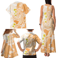 Orange Hawaii Shark Tattoo Family Matching Tank Maxi Dress and Hawaiian Shirt Puakenikeni Lei Plumeria Polynesian Pattern