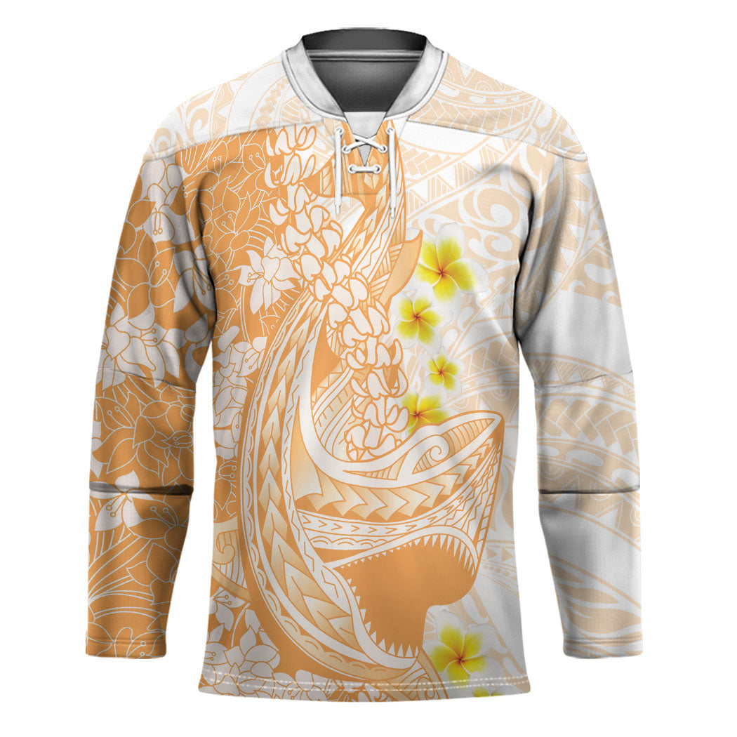 Orange Hawaii Shark Tattoo Hockey Jersey Puakenikeni Lei Plumeria Polynesian Pattern