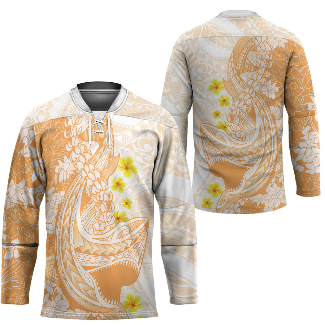 Orange Hawaii Shark Tattoo Hockey Jersey Puakenikeni Lei Plumeria Polynesian Pattern LT14 - Polynesian Pride