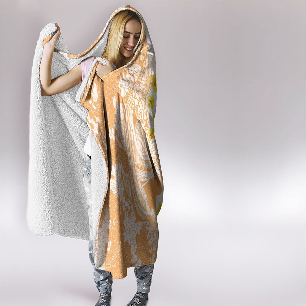 Orange Hawaii Shark Tattoo Hooded Blanket Puakenikeni Lei Plumeria Polynesian Pattern LT14 - Polynesian Pride