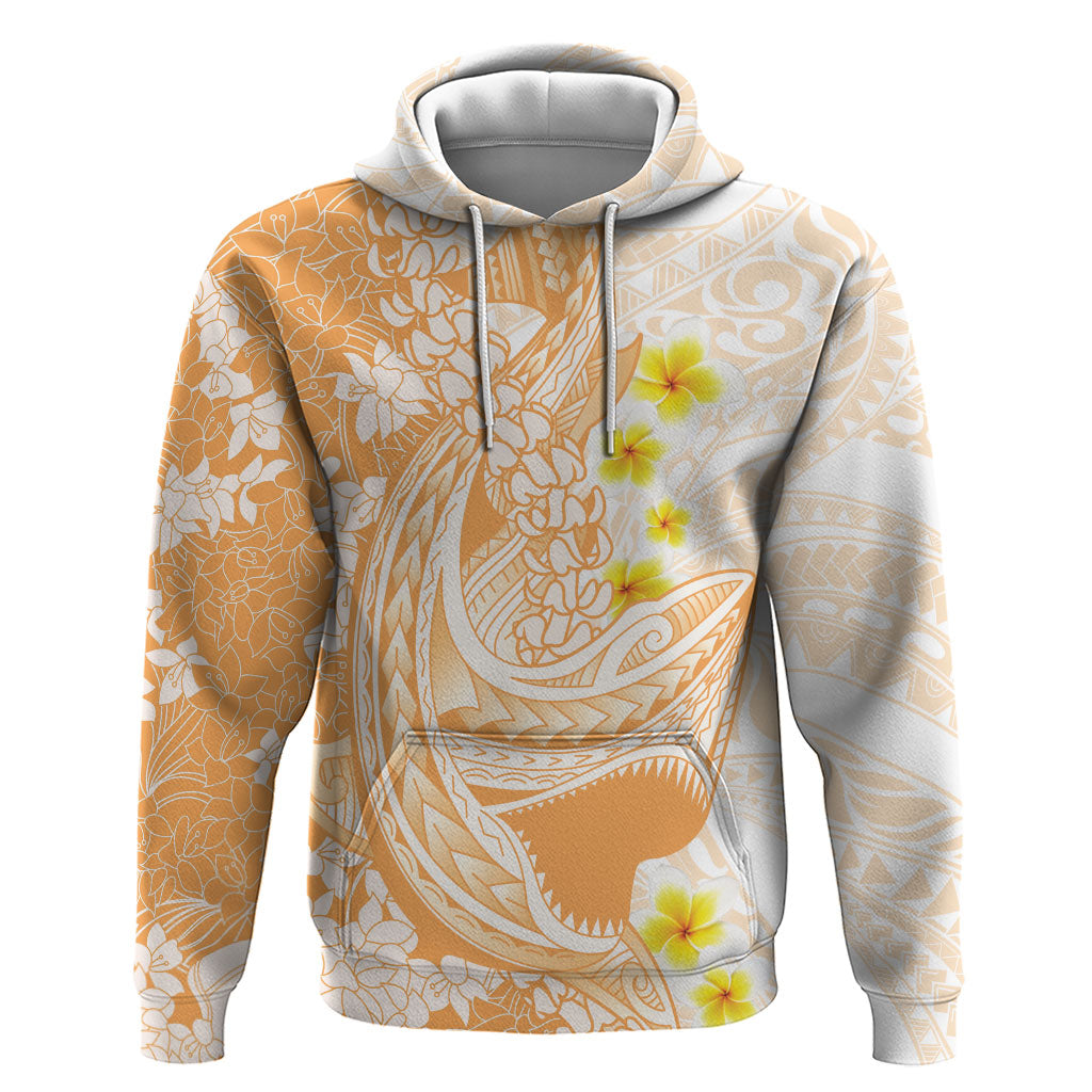 Orange Hawaii Shark Tattoo Hoodie Puakenikeni Lei Plumeria Polynesian Pattern LT14 Pullover Hoodie Orange - Polynesian Pride
