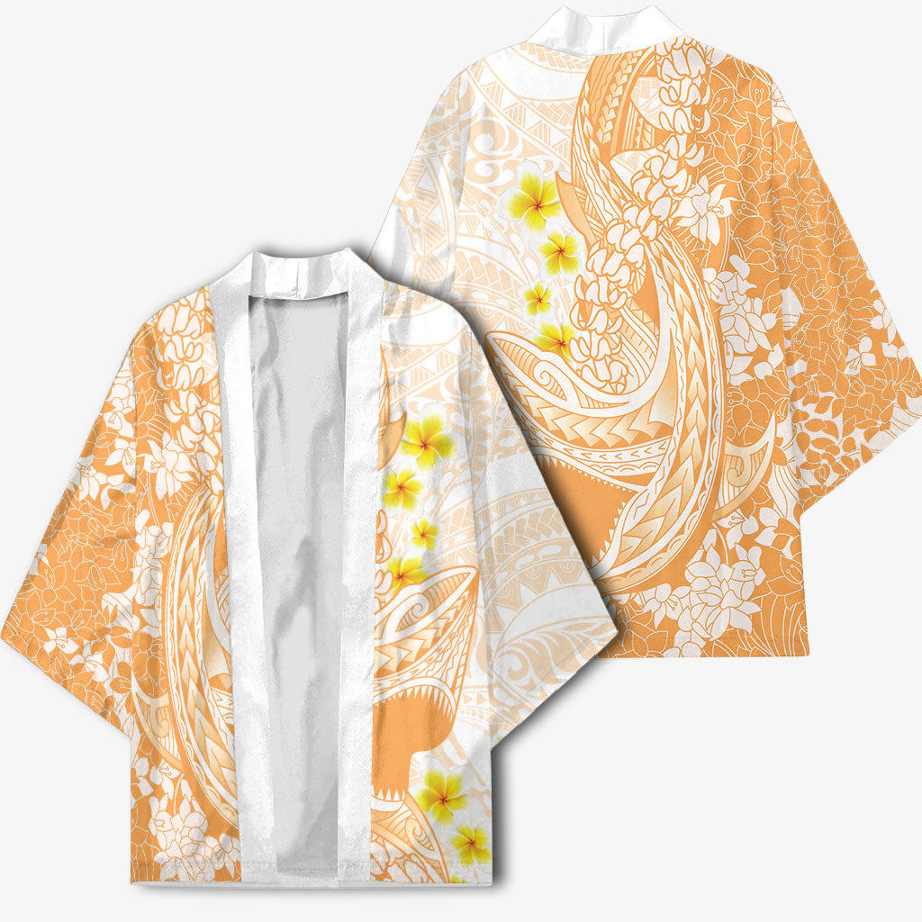 Orange Hawaii Shark Tattoo Kimono Puakenikeni Lei Plumeria Polynesian Pattern LT14 - Polynesian Pride