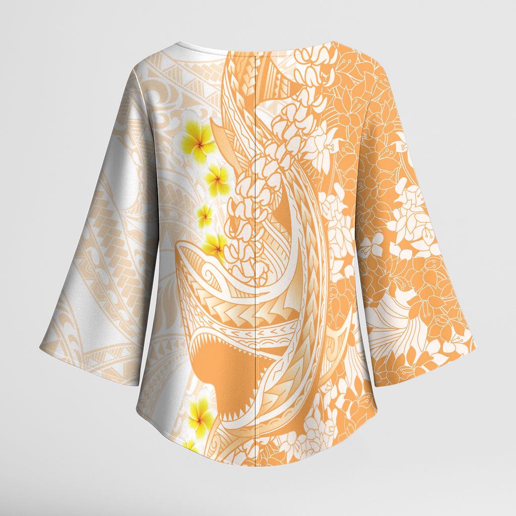 Orange Hawaii Shark Tattoo Kimono Sleeve Blouse Puakenikeni Lei Plumeria Polynesian Pattern LT14 - Polynesian Pride