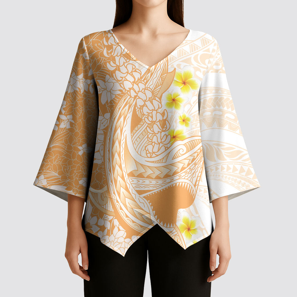 Orange Hawaii Shark Tattoo Kimono Sleeve Blouse Puakenikeni Lei Plumeria Polynesian Pattern LT14 - Polynesian Pride