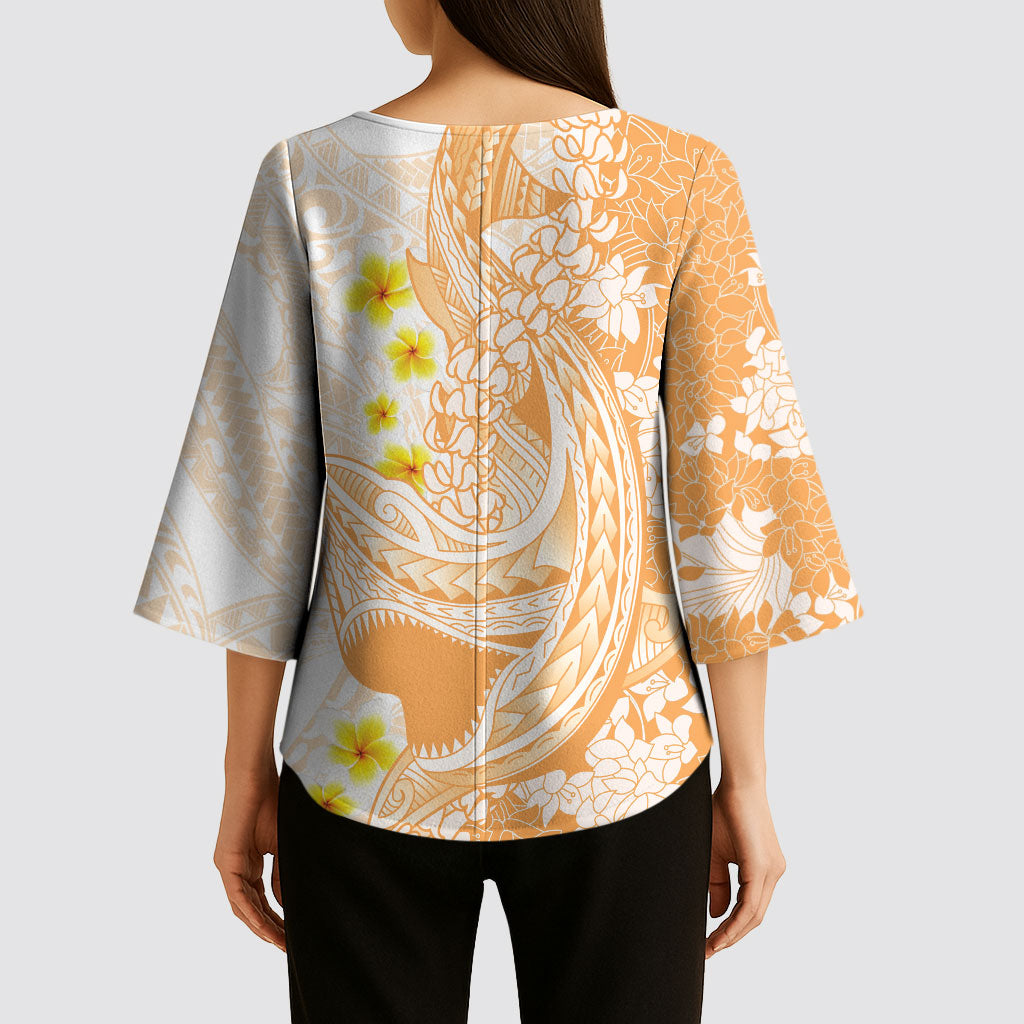 Orange Hawaii Shark Tattoo Kimono Sleeve Blouse Puakenikeni Lei Plumeria Polynesian Pattern LT14 - Polynesian Pride