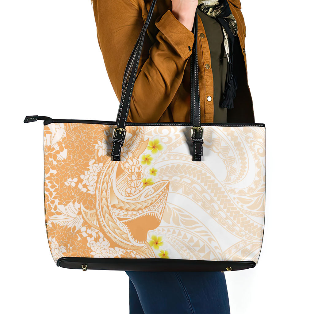 Orange Hawaii Shark Tattoo Leather Tote Bag Puakenikeni Lei Plumeria Polynesian Pattern LT14 - Polynesian Pride