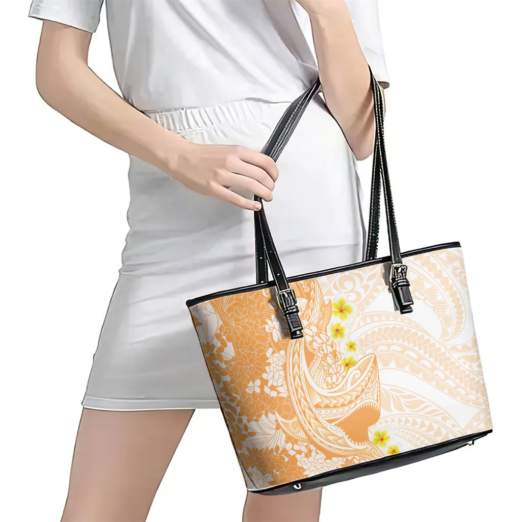 Orange Hawaii Shark Tattoo Leather Tote Bag Puakenikeni Lei Plumeria Polynesian Pattern LT14 - Polynesian Pride