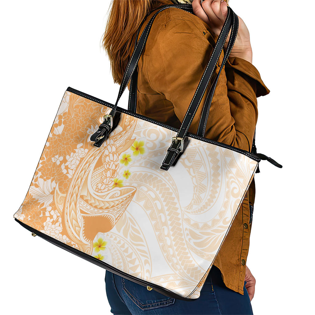 Orange Hawaii Shark Tattoo Leather Tote Bag Puakenikeni Lei Plumeria Polynesian Pattern LT14 - Polynesian Pride