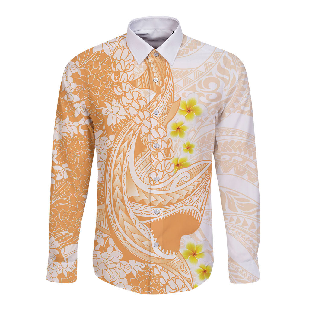 Orange Hawaii Shark Tattoo Long Sleeve Button Shirt Puakenikeni Lei Plumeria Polynesian Pattern LT14 Unisex Orange - Polynesian Pride