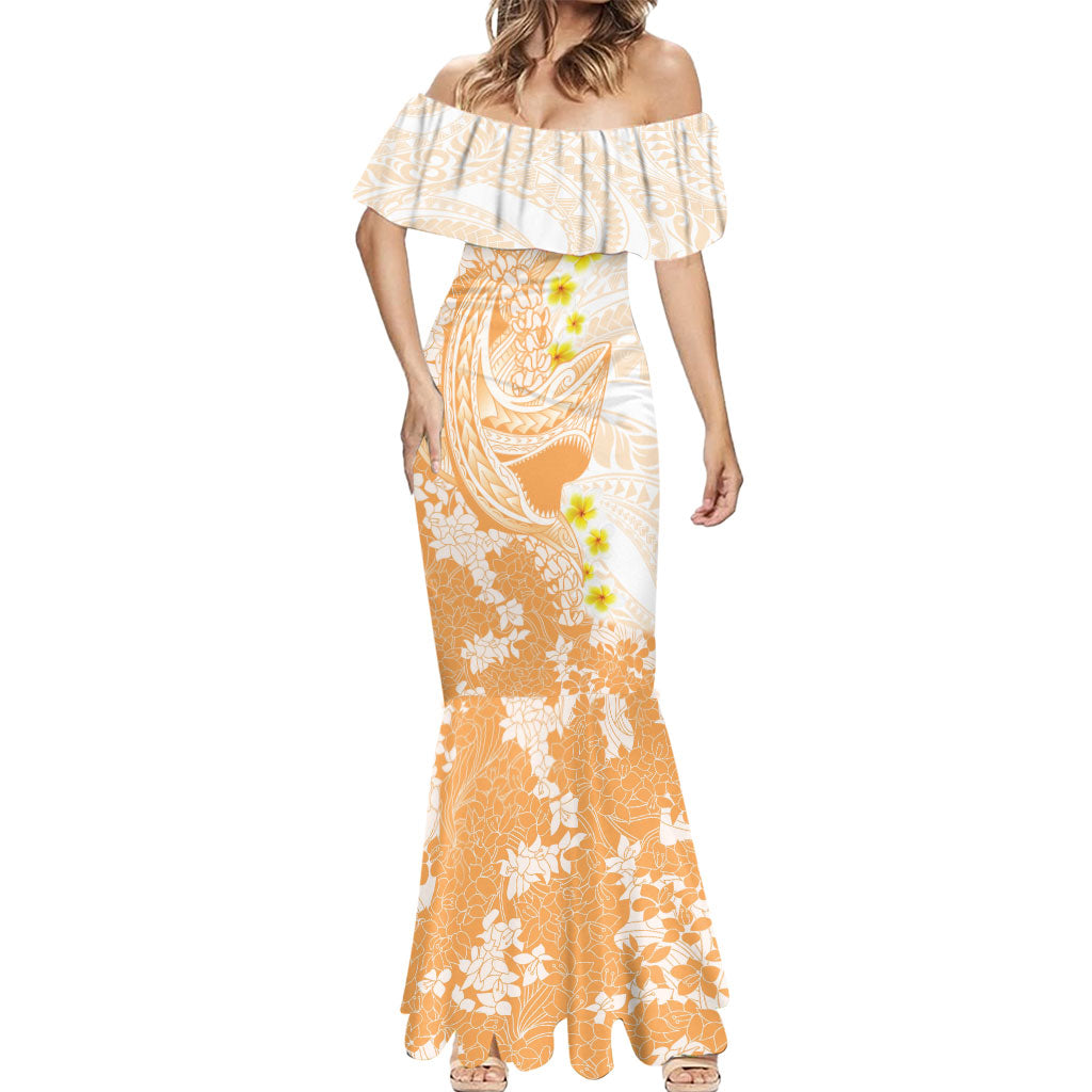 Orange Hawaii Shark Tattoo Mermaid Dress Puakenikeni Lei Plumeria Polynesian Pattern LT14 - Polynesian Pride