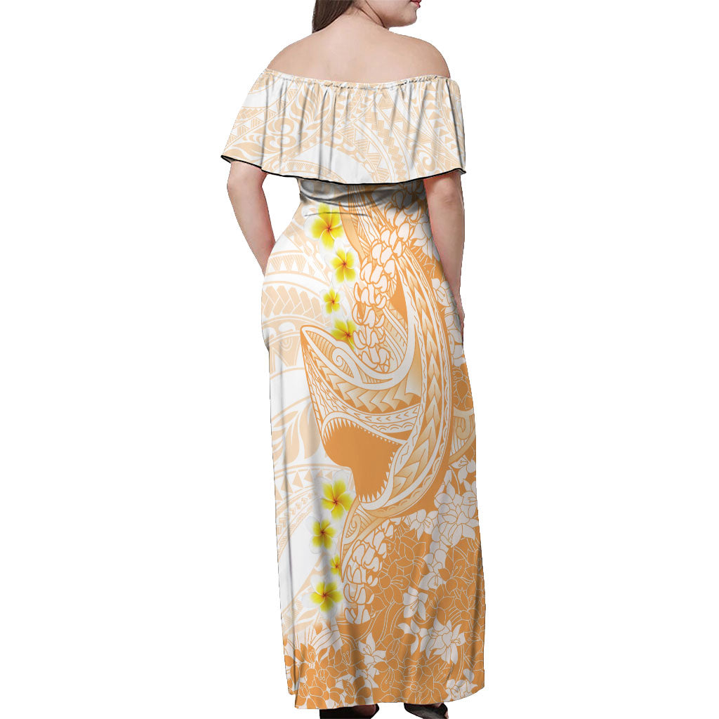 Orange Hawaii Shark Tattoo Off Shoulder Maxi Dress Puakenikeni Lei Plumeria Polynesian Pattern LT14 - Polynesian Pride