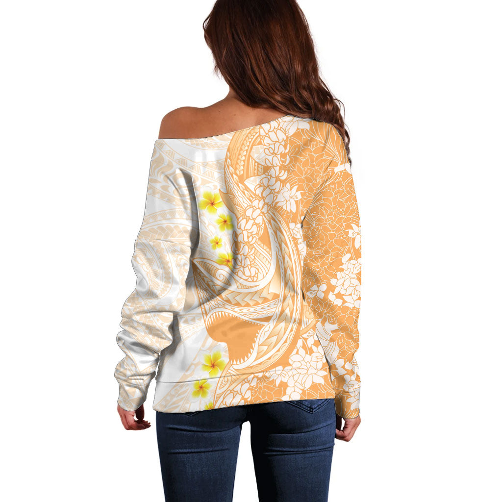 Orange Hawaii Shark Tattoo Off Shoulder Sweater Puakenikeni Lei Plumeria Polynesian Pattern LT14 - Polynesian Pride