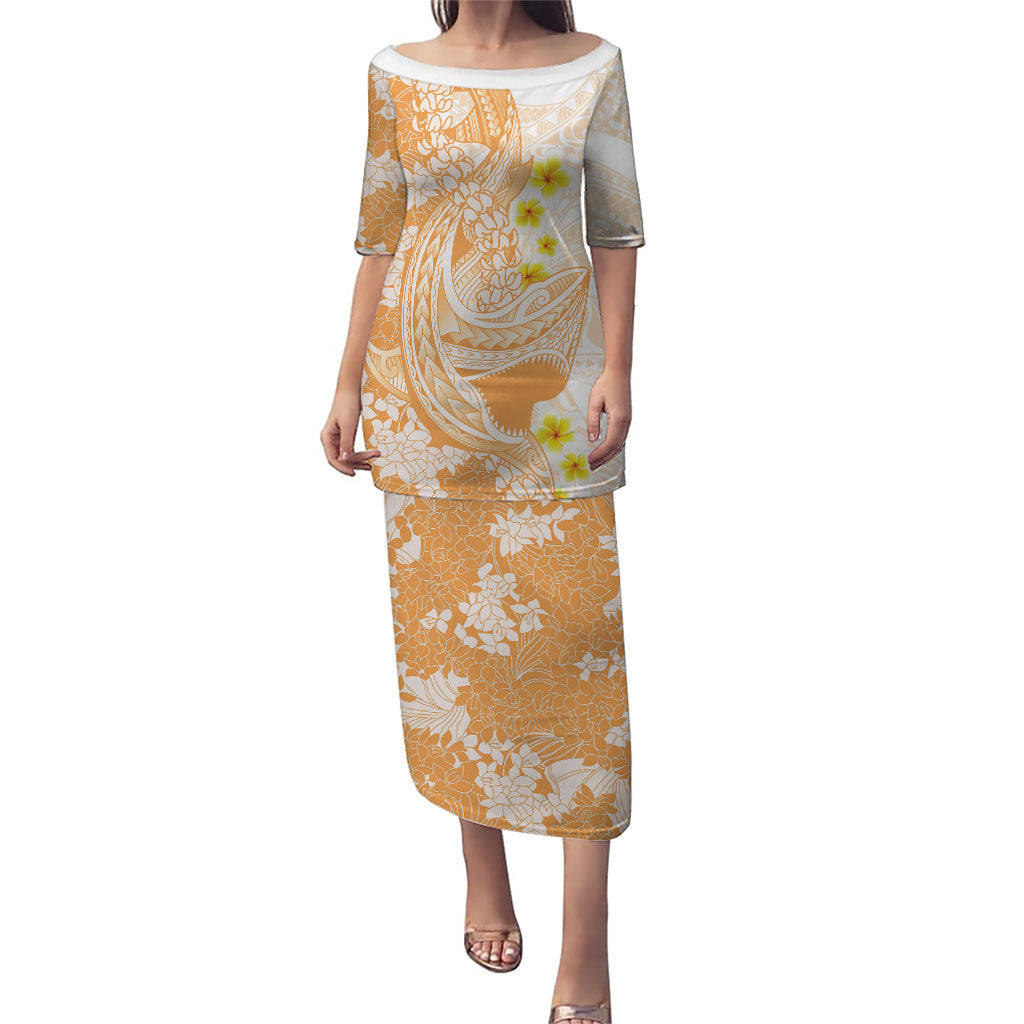 Orange Hawaii Shark Tattoo Puletasi Puakenikeni Lei Plumeria Polynesian Pattern LT14 Long Dress Orange - Polynesian Pride