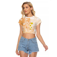 Orange Hawaii Shark Tattoo Raglan Cropped T Shirt Puakenikeni Lei Plumeria Polynesian Pattern