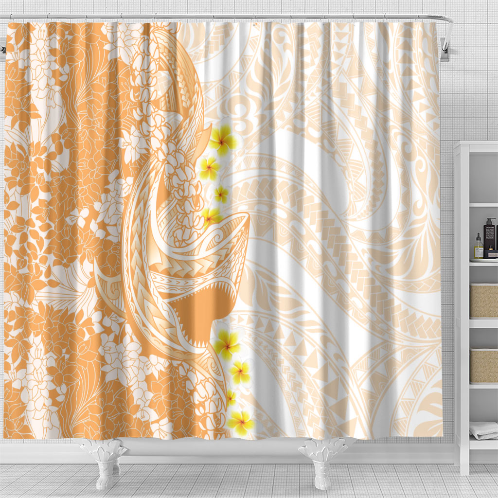 Orange Hawaii Shark Tattoo Shower Curtain Puakenikeni Lei Plumeria Polynesian Pattern LT14 - Polynesian Pride