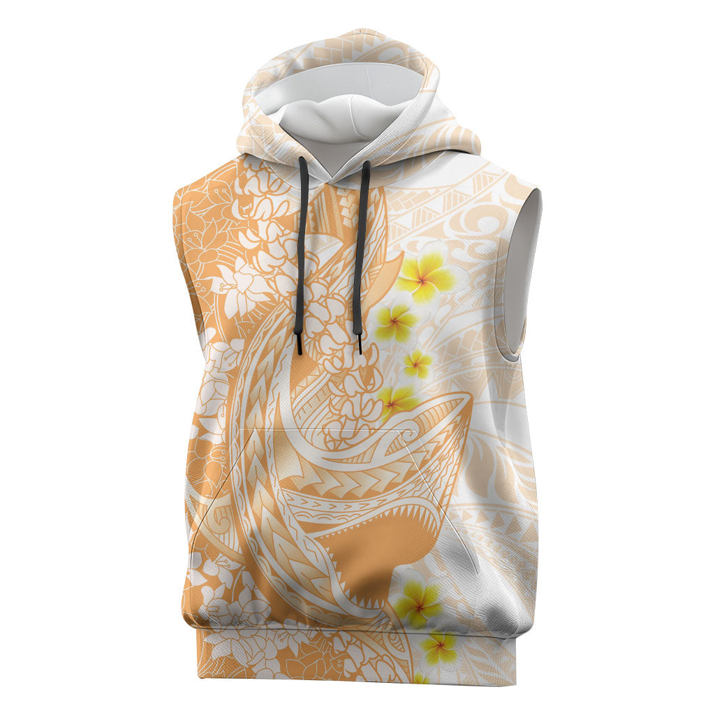 Orange Hawaii Shark Tattoo Sleeveless Hoodie Puakenikeni Lei Plumeria Polynesian Pattern