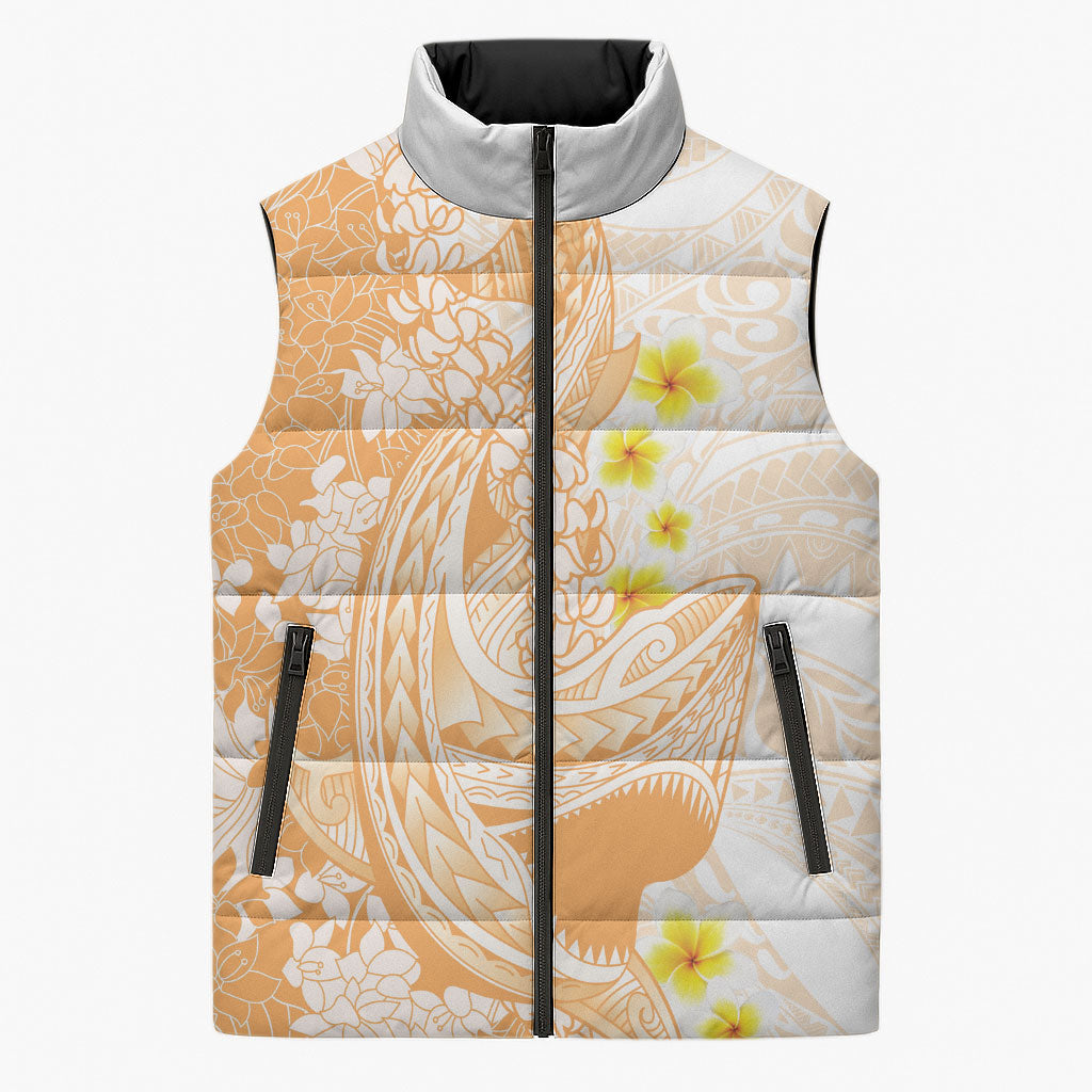 Orange Hawaii Shark Tattoo Sleeveless Puffer Jacket Puakenikeni Lei Plumeria Polynesian Pattern