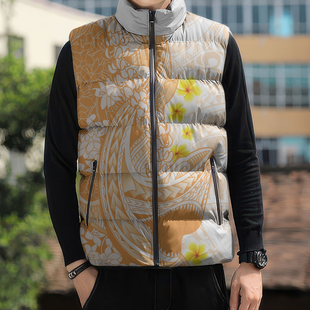 Orange Hawaii Shark Tattoo Sleeveless Puffer Jacket Puakenikeni Lei Plumeria Polynesian Pattern LT14 - Polynesian Pride