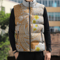 Orange Hawaii Shark Tattoo Sleeveless Puffer Jacket Puakenikeni Lei Plumeria Polynesian Pattern LT14 - Polynesian Pride