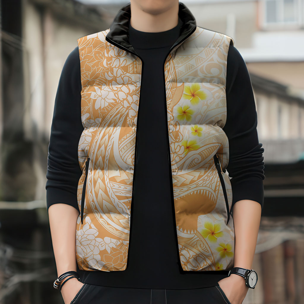 Orange Hawaii Shark Tattoo Sleeveless Puffer Jacket Puakenikeni Lei Plumeria Polynesian Pattern LT14 - Polynesian Pride