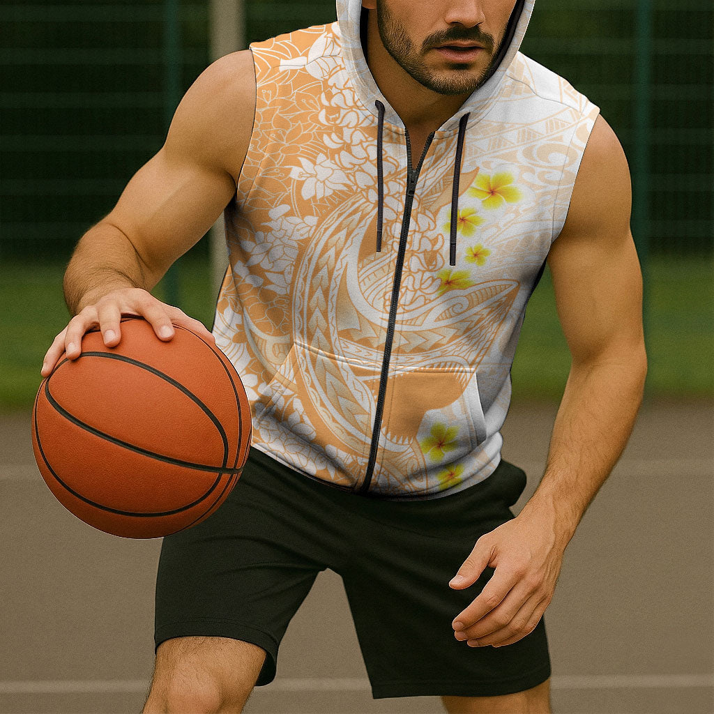 Orange Hawaii Shark Tattoo Sleeveless Zip Hoodie Puakenikeni Lei Plumeria Polynesian Pattern LT14 - Polynesian Pride