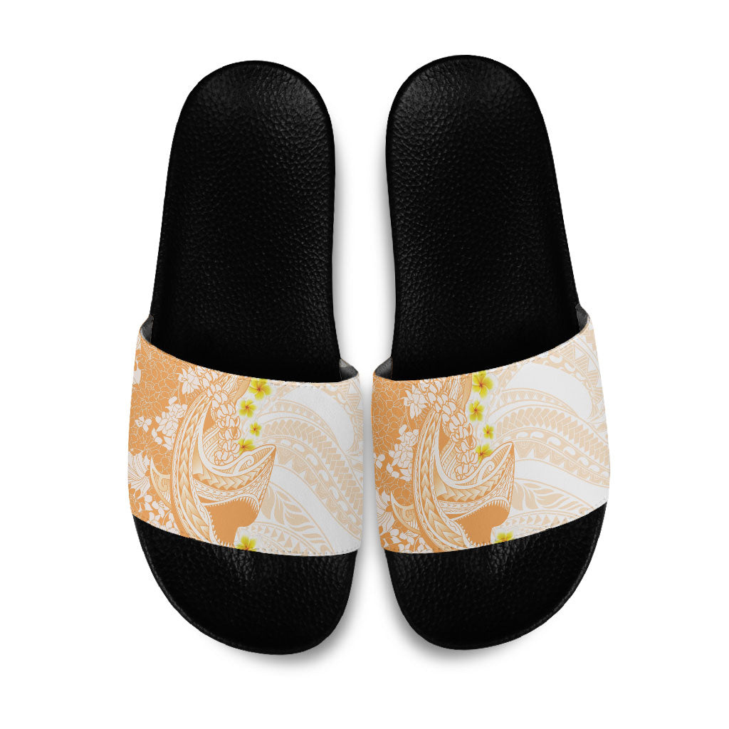 Orange Hawaii Shark Tattoo Slide Sandals Puakenikeni Lei Plumeria Polynesian Pattern LT14 Orange - Polynesian Pride