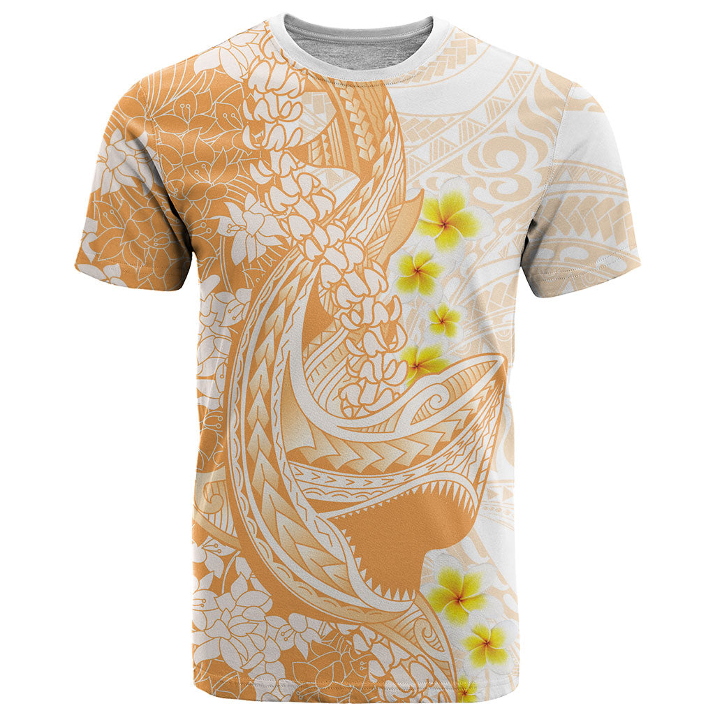 Orange Hawaii Shark Tattoo T Shirt Puakenikeni Lei Plumeria Polynesian Pattern