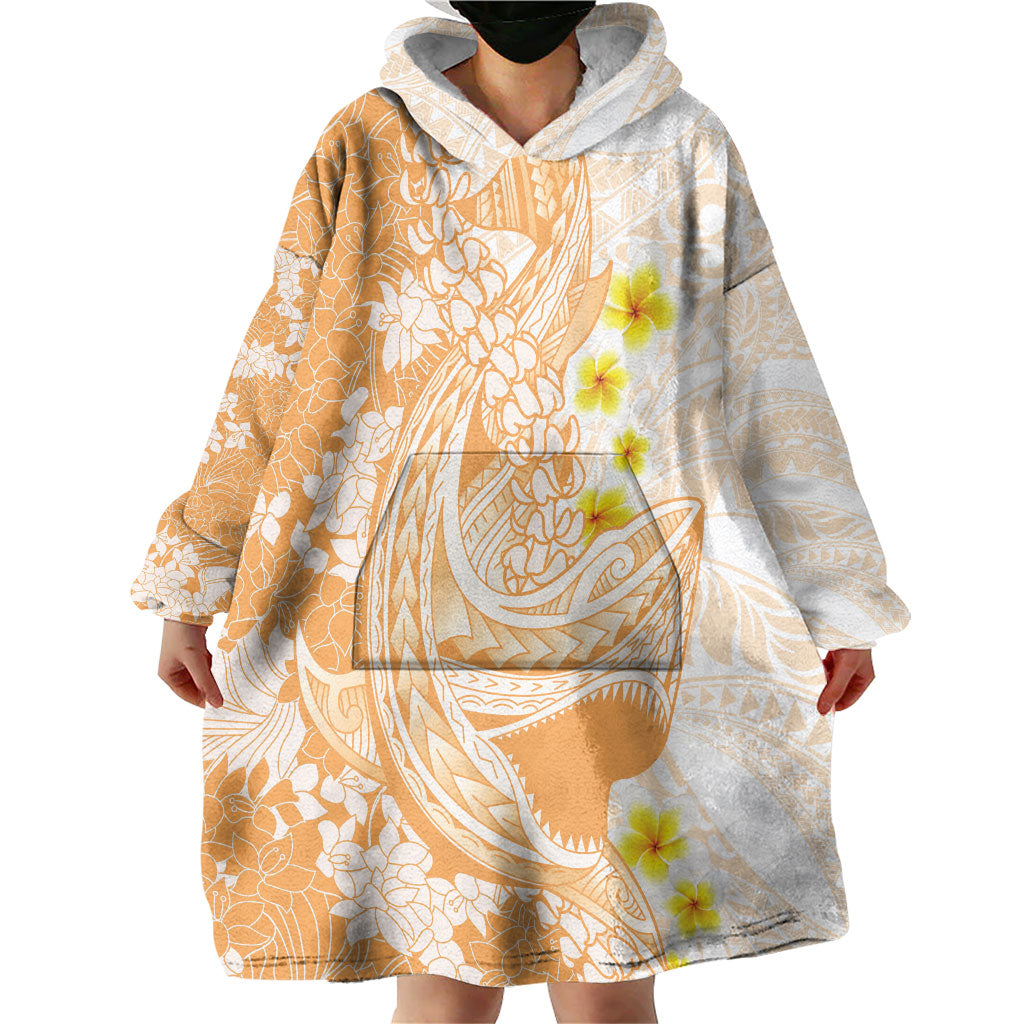 Orange Hawaii Shark Tattoo Wearable Blanket Hoodie Puakenikeni Lei Plumeria Polynesian Pattern LT14 - Polynesian Pride
