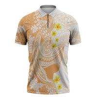 Orange Hawaii Shark Tattoo Zipper Polo Shirt Puakenikeni Lei Plumeria Polynesian Pattern