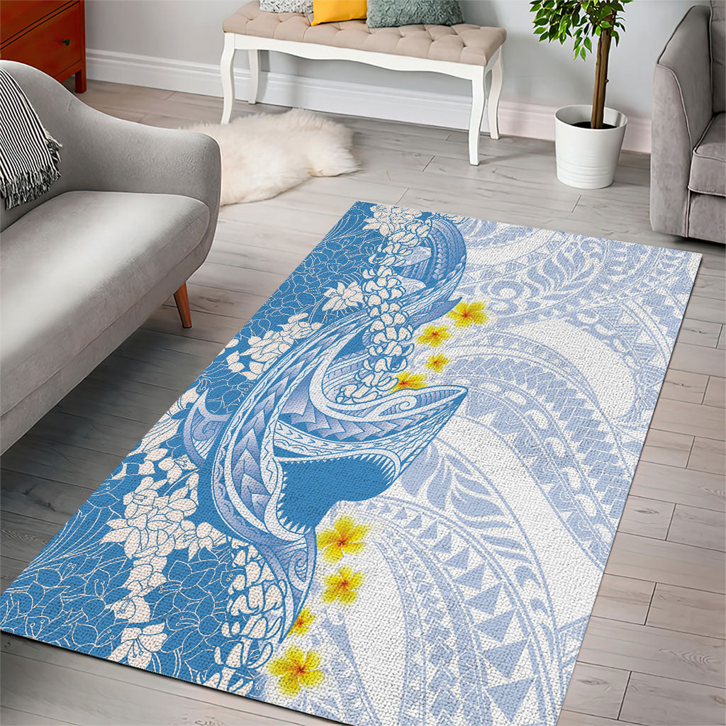Blue Hawaii Shark Tattoo Area Rug Puakenikeni Lei Plumeria Polynesian Pattern