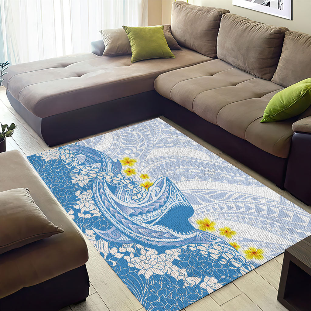 Blue Hawaii Shark Tattoo Area Rug Puakenikeni Lei Plumeria Polynesian Pattern