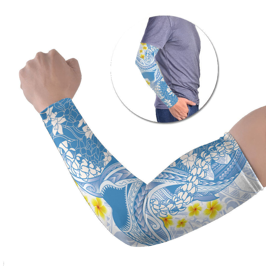Blue Hawaii Shark Tattoo Arm Sleeves Puakenikeni Lei Plumeria Polynesian Pattern LT14 Set of 2 Blue - Polynesian Pride