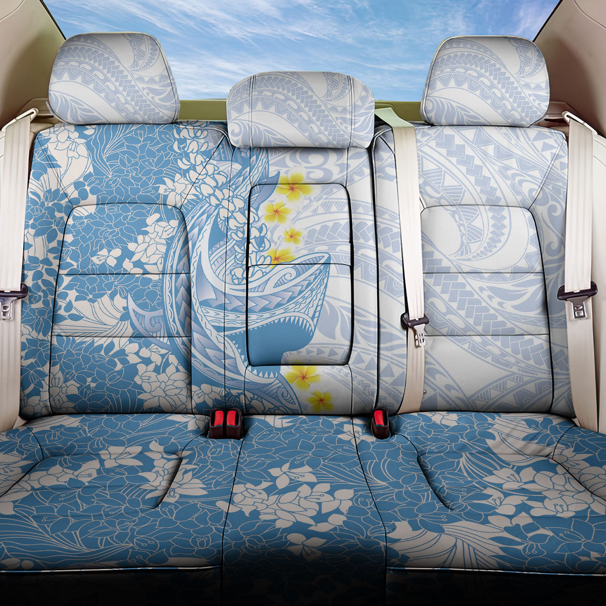 Blue Hawaii Shark Tattoo Back Car Seat Cover Puakenikeni Lei Plumeria Polynesian Pattern LT14 One Size Blue - Polynesian Pride