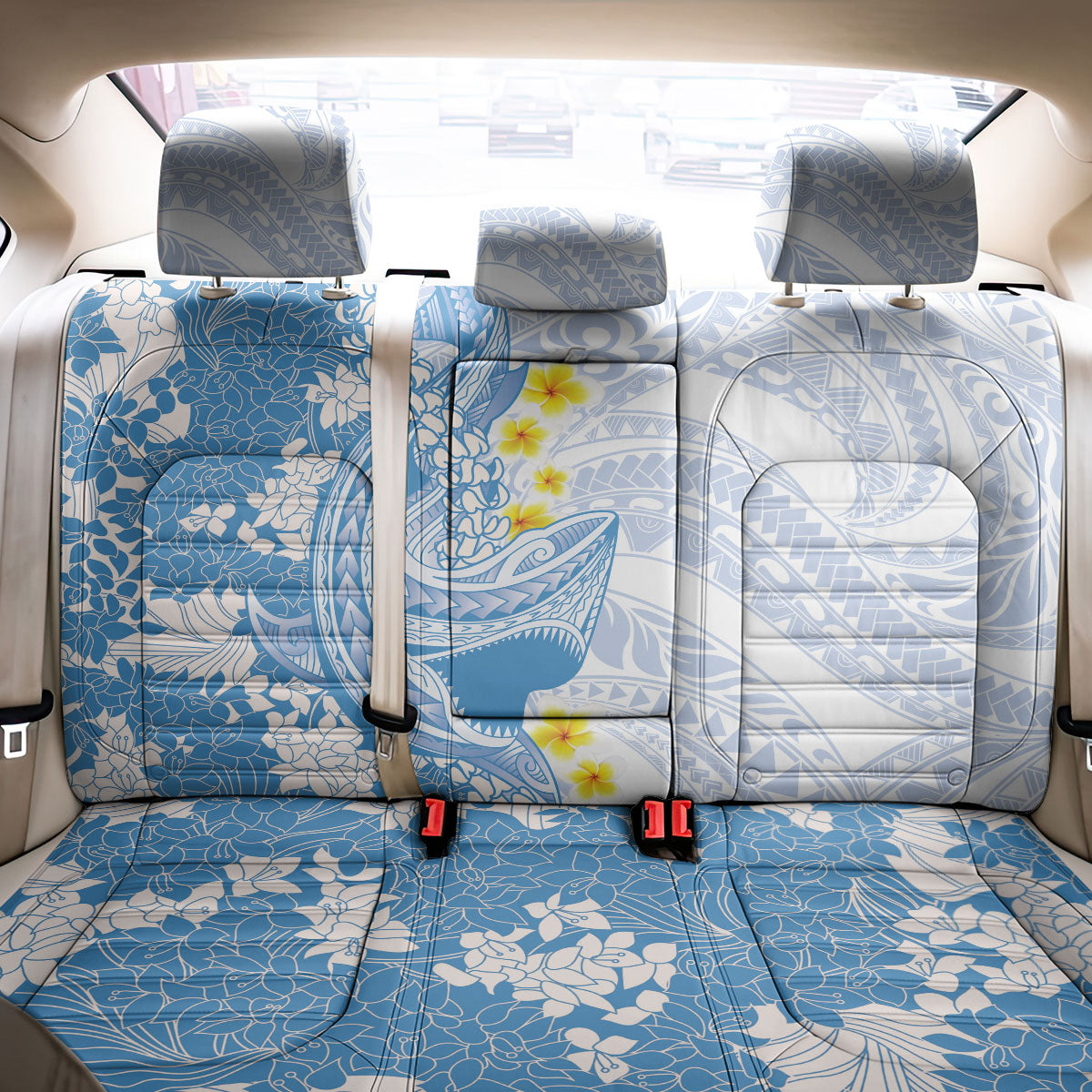Blue Hawaii Shark Tattoo Back Car Seat Cover Puakenikeni Lei Plumeria Polynesian Pattern LT14 - Polynesian Pride