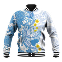 Blue Hawaii Shark Tattoo Baseball Jacket Puakenikeni Lei Plumeria Polynesian Pattern LT14 Unisex Blue - Polynesian Pride