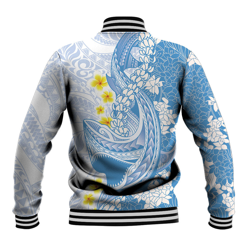 Blue Hawaii Shark Tattoo Baseball Jacket Puakenikeni Lei Plumeria Polynesian Pattern LT14 - Polynesian Pride