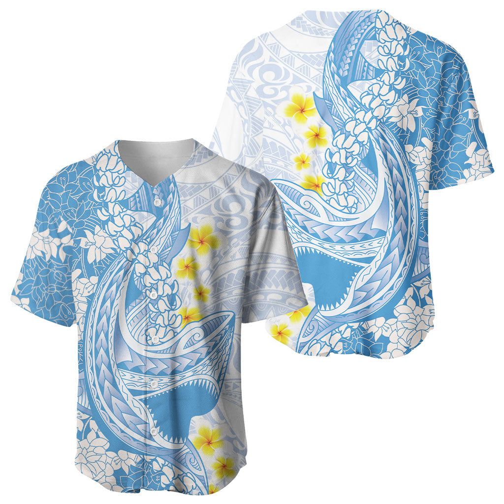 Blue Hawaii Shark Tattoo Baseball Jersey Puakenikeni Lei Plumeria Polynesian Pattern LT14 - Polynesian Pride