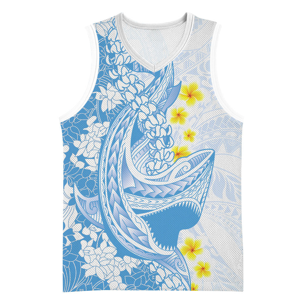 Blue Hawaii Shark Tattoo Basketball Jersey Puakenikeni Lei Plumeria Polynesian Pattern LT14 Unisex Blue - Polynesian Pride