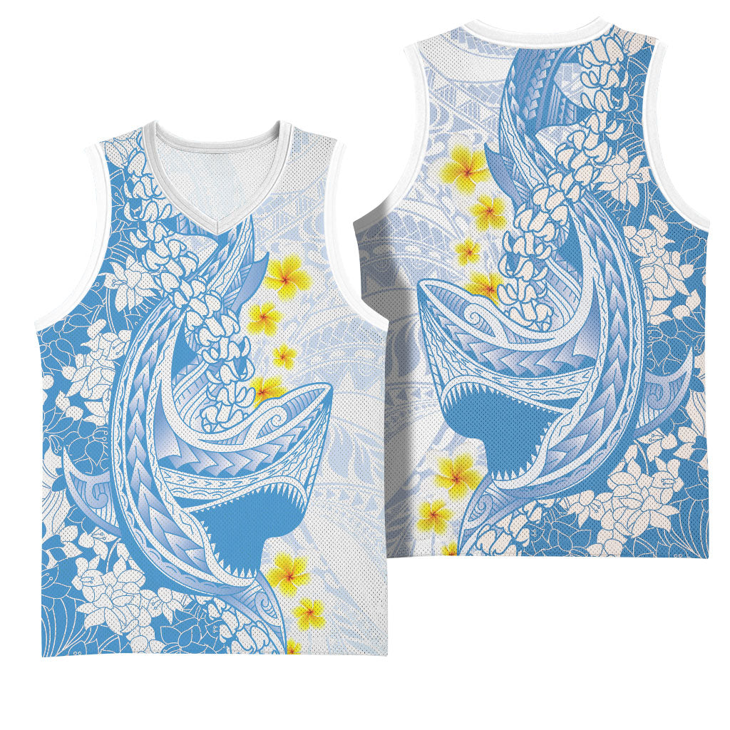 Blue Hawaii Shark Tattoo Basketball Jersey Puakenikeni Lei Plumeria Polynesian Pattern LT14 - Polynesian Pride