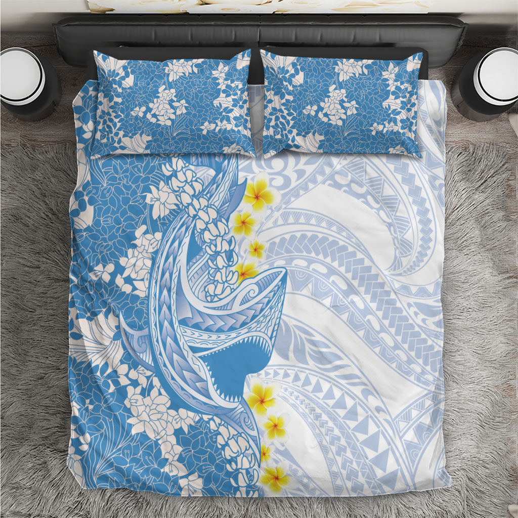 Blue Hawaii Shark Tattoo Bedding Set Puakenikeni Lei Plumeria Polynesian Pattern