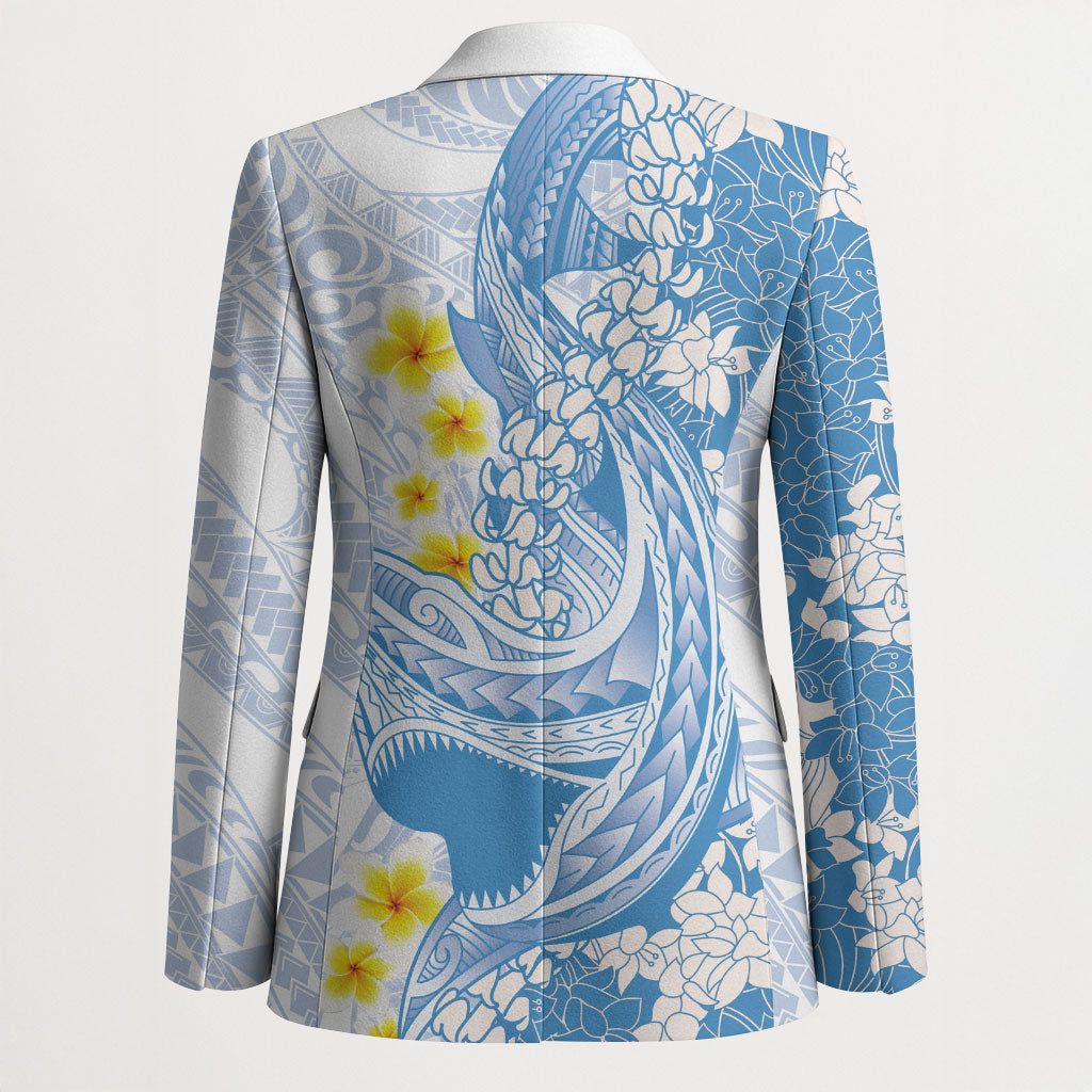Blue Hawaii Shark Tattoo Blazer Puakenikeni Lei Plumeria Polynesian Pattern LT14 - Polynesian Pride