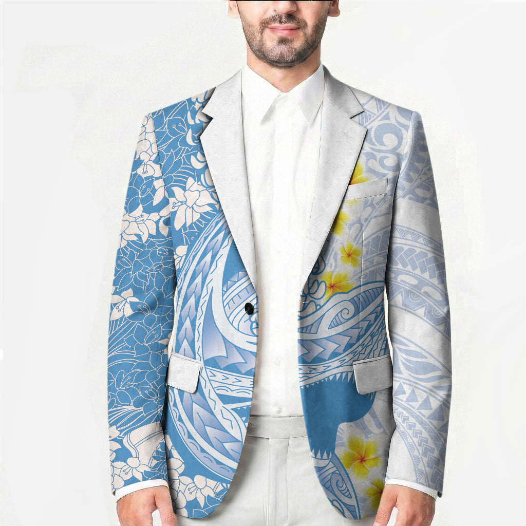 Blue Hawaii Shark Tattoo Blazer Puakenikeni Lei Plumeria Polynesian Pattern LT14 - Polynesian Pride