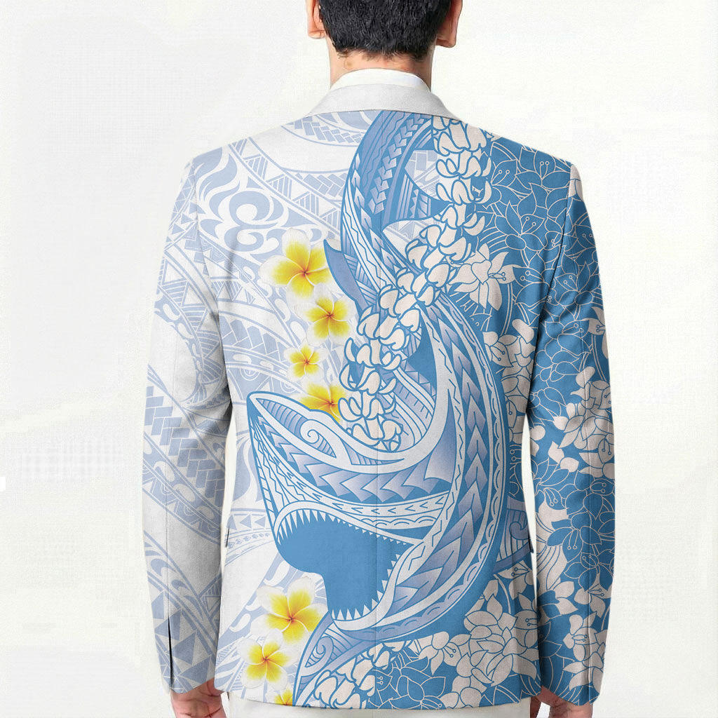 Blue Hawaii Shark Tattoo Blazer Puakenikeni Lei Plumeria Polynesian Pattern LT14 - Polynesian Pride